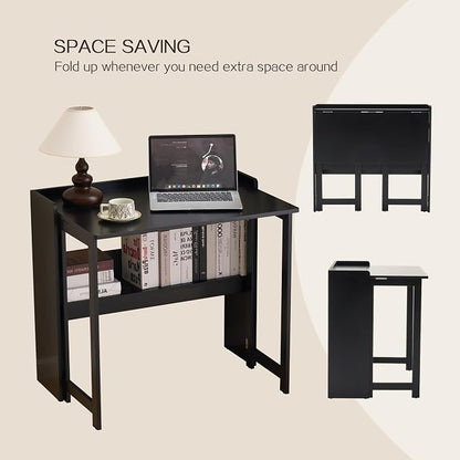 Foldable Desk，Folding Table with Storage Shelf,32.6 Inch Fold Out Computer Desk for Small Spaces,Writing Desk for Bedroom Home Office Dorm and Apartment (Black)