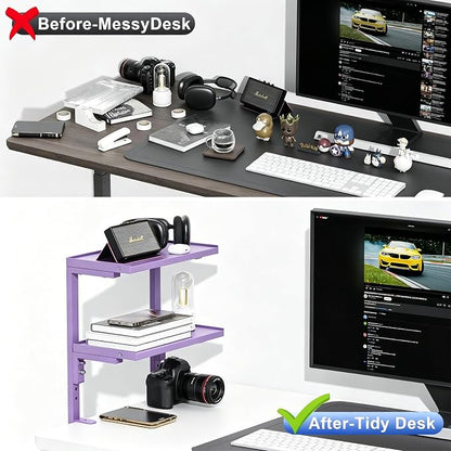 2-Tier Desk Shelf, Expandable Under Desk Storage, Clamp on Desk Shelf, Desktop Accessories for Offices, Study Rooms, and Game Rooms (Purple)