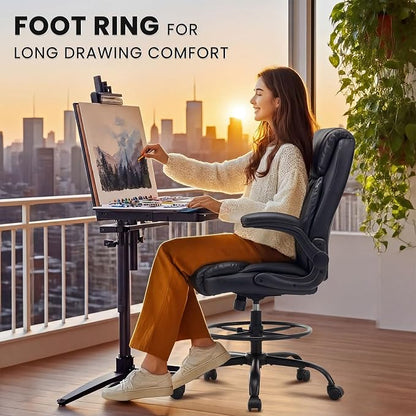 MAHOMICO Drafting Chair for Standing Desk – Tall Office Chair with Adjustable Height & Foot Ring, Flip-Up Arms, Lumbar Support – Comfortable Leather Seat, Ideal Home Desk Chair