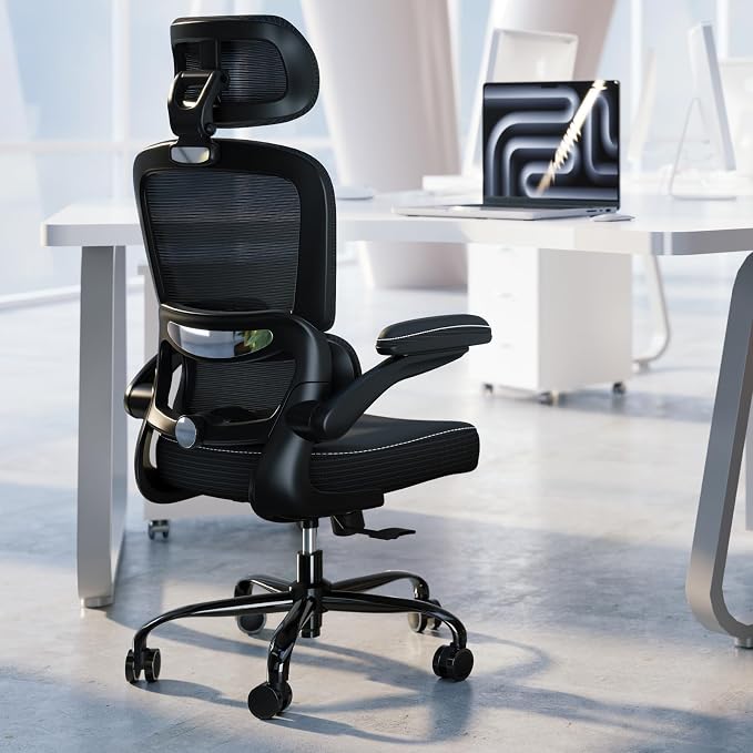 TRALT Ergonomic Office Chair - Desk Chair with Adjustable Headrest Lumbar Support Computer Chair - Mesh Comfy Chair with Flip-up Armrests - Gaming Chair for Adults Home Office PU, Black, Pack of 2