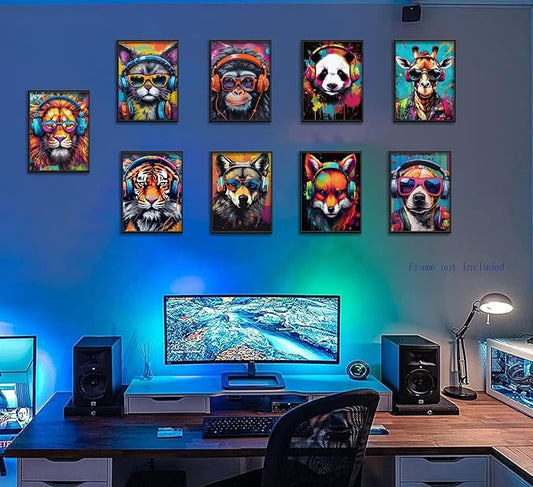 Ucninvd Graffiti Gaming Posters Wall Art Set of 9, Boys Gamer Controller Wall Decor Paintings, DJ Animals Earphone Picture Prints Boys Room Kids teeny for Room Bedroom Decoration 8x10In Unframed