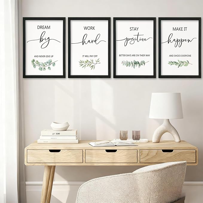 Inspirational Quote Wall Art 16x24–Motivational Office Decor,Wood Frame 4Pc | Positive Family Encouragement Black Wooden Framed Signs Set of 4