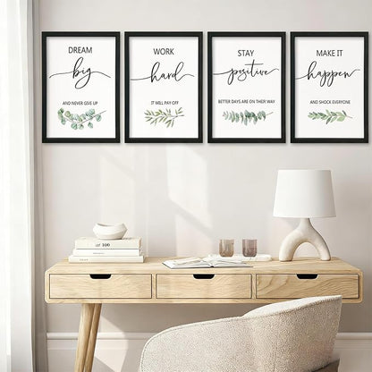 Inspirational Quote Wall Art 16x24–Motivational Office Decor,Wood Frame 4Pc | Positive Family Encouragement Black Wooden Framed Signs Set of 4