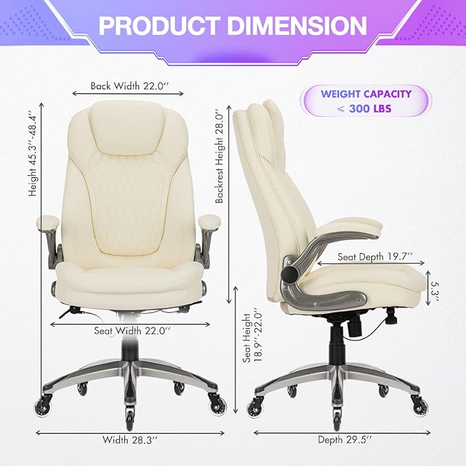 COLAMY Ivory Leather High Back Executive Office Chair, Ergonomic Desk Chair with Flip-up Arms, Thick Cushion, Silent Nylon Wheels, Adjustable Height & Rocking Function, 300lbs Capacity