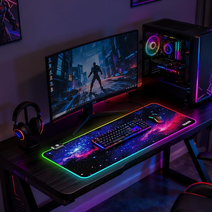 TIDALSOIL RGB Gaming Mouse Pad, Oversized Mouse Mat with 12 Light Modes, Non-Slip Rubber Base, Large Computer Keyboard Mouse Pad for PC Gaming, Office, 800 x 300 x 3 mm, Starry Sky