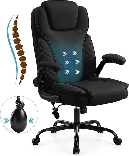 Ergonomic Office Chair, PU Leather High Back Executive Chair with Adjustable Inflatable Lumbar Support and Padded Flip-Up Arms, Recline Swivel Task Computer Chair for Home Office, Black