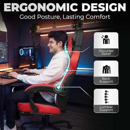 N-GEN GAMING Gaming Chair Big and Tall Computer Heavy Duty Office Desk Chair with Footrest Ergonomic Lumbar Support High Back Recliner for Adults (Red)