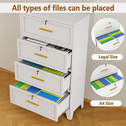 Metal Lateral File Cabinet with Lock,4 Drawer Steel Wide Filing Organization Storage Cabinets for Legal/Letter/A4/F4 Size with Hanging Files&Key,Lockable Printer Stand for Home Office, White