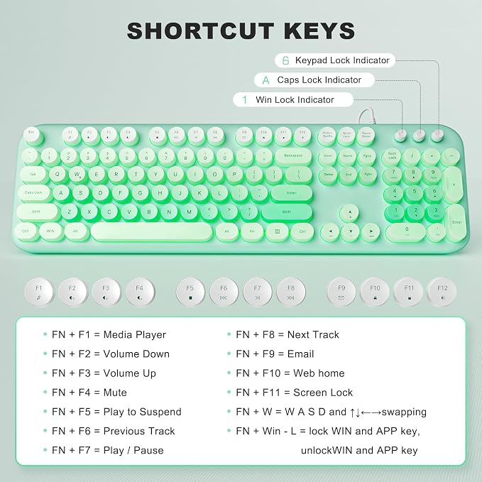 MOWUX Computer Keyboard Wired, Plug and Play USB Retro Round Typewriter Keyboard, Full Size Wired Keyboard with Foldable Stands for Laptop and Office PC- LED Backlit Green