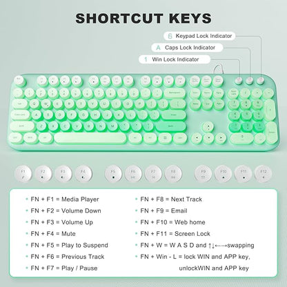 MOWUX Computer Keyboard Wired, Plug and Play USB Retro Round Typewriter Keyboard, Full Size Wired Keyboard with Foldable Stands for Laptop and Office PC- LED Backlit Green