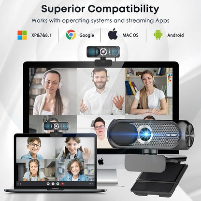 1080P HD Webcam with Microphone, Noise Cancellation, Privacy Cover, Wide-Angle Lens, Auto Light Correction, Plug & Play USB Webcam for Laptop, Desktop, PC, Mac, Zoom, Skype, Streaming (Black)