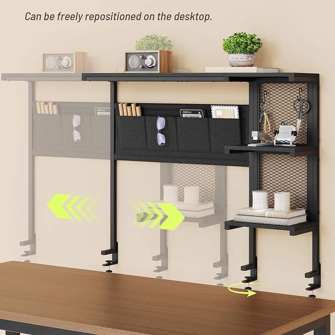 Clamp On Desk Shelf, 3-Tier Above Desk Extender with Pegboard & Hooks, Metal & Wooden Desktop Bookshelf & Organizer, Tabletop Storage Rack for Office Accessories, 38.3" W x 33" H, Black