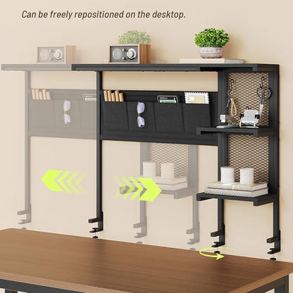 Clamp On Desk Shelf, 3-Tier Above Desk Extender with Pegboard & Hooks, Metal & Wooden Desktop Bookshelf & Organizer, Tabletop Storage Rack for Office Accessories, 38.3" W x 33" H, Black