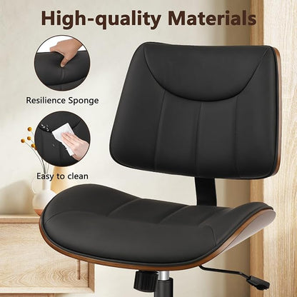 CLATINA Office Chair Armless with Wheels, Mid-Century Modern Walnut Desk Chair, Adjustable Height Reading Chair, PU Leather Mid Back & Swivel Computer Chairs for Home Meeting Room Bedroom, Black(1 PK)