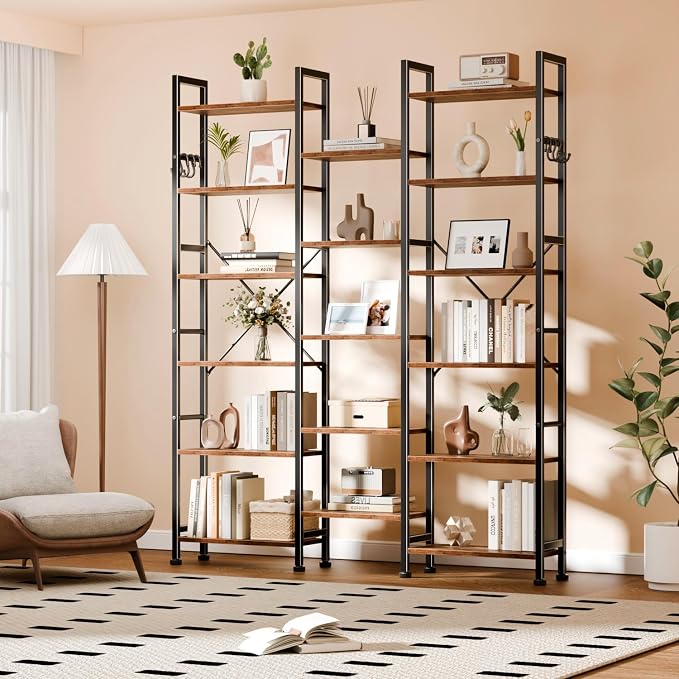 Furologee Triple Column 6 Tier Bookshelf, Large Bookcase with 17 Display Shelves, Wide Book Shelf with 6 Hooks, Adjustable Rustic Bookshelves Storage Organizer, Shelving Unit for Living Room, Office