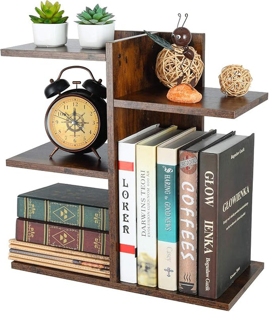 PAG Wood Desktop Shelf Small Bookshelf Desk Supplies Organizers and Accessories Storage Display Rack Office Decor for Women, Antique Brown