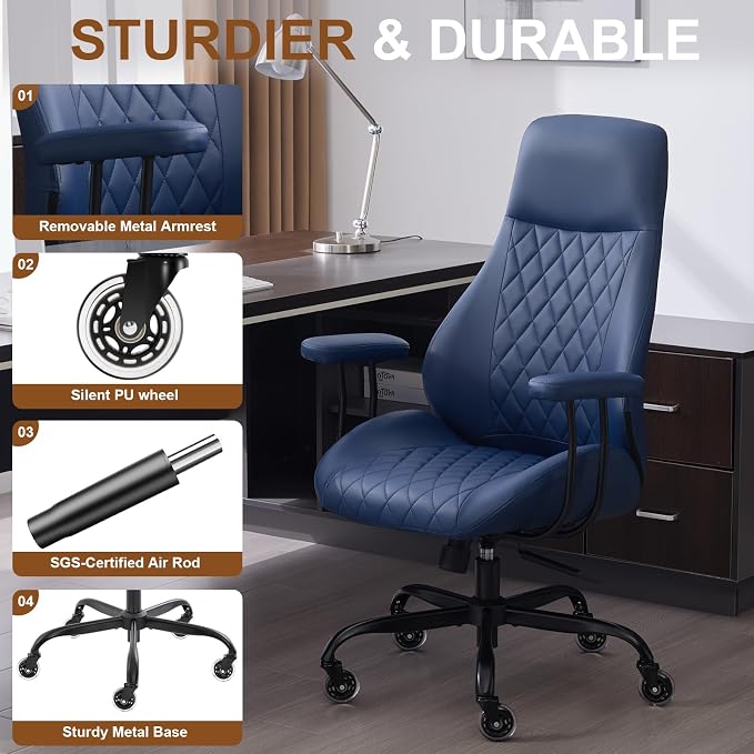 Office Chair with Rubber Wheels, Ergonomic Computer Chair 500 lbs, Leather Desk Chair with Lumbar Support, Executive Chair Adjustable Height & Recline, Blue | Ergonomic, Lumbar Support, 360° Swivel & Rolling Wheels, Adjustable Height, for Adults & Women