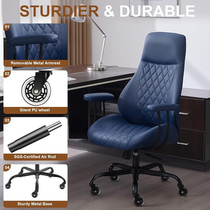 Office Chair with Rubber Wheels, Ergonomic Computer Chair 500 lbs, Leather Desk Chair with Lumbar Support, Executive Chair Adjustable Height & Recline, Blue | Ergonomic, Lumbar Support, 360° Swivel & Rolling Wheels, Adjustable Height, for Adults & Women