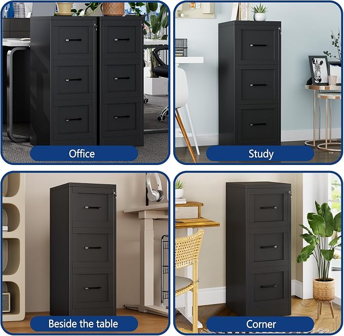 Ckzbx 3 Drawer File Cabinet with Lock, Narrow Vertical Filing Cabinet, Under Desk File Cabinets,Black Metal File Cabinets for Home Office,Fit Letter/A4/Legal Size File