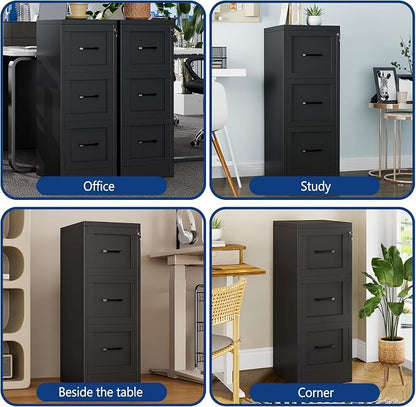 Ckzbx 3 Drawer File Cabinet with Lock, Narrow Vertical Filing Cabinet, Under Desk File Cabinets,Black Metal File Cabinets for Home Office,Fit Letter/A4/Legal Size File