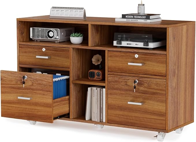 VINGLI Wide 4 Drawer Lockable Rolling File Cabinet with Open Shelves - Walnut Wood Lateral File Cabinet Printer Stand for Home Office, Letter Sized