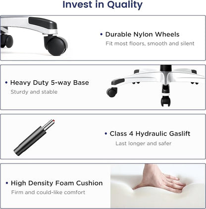 Nouhaus Ergonomic Office Chair Premium Leather Adjustable Lumbar Support & Armrests, High Back Comfy Desk Gaming Chairs Executive Computer Swivel Chair Tilt Function(Posture,White)
