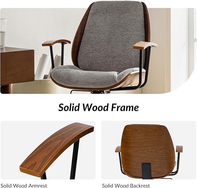 HULALA HOME Solid Wood Office Chair with Rocking Function, Comfy Fabric Desk Chair with Bent Wood and Metal Base, Height Adjustable Swivel Computer Task Chair, Tan