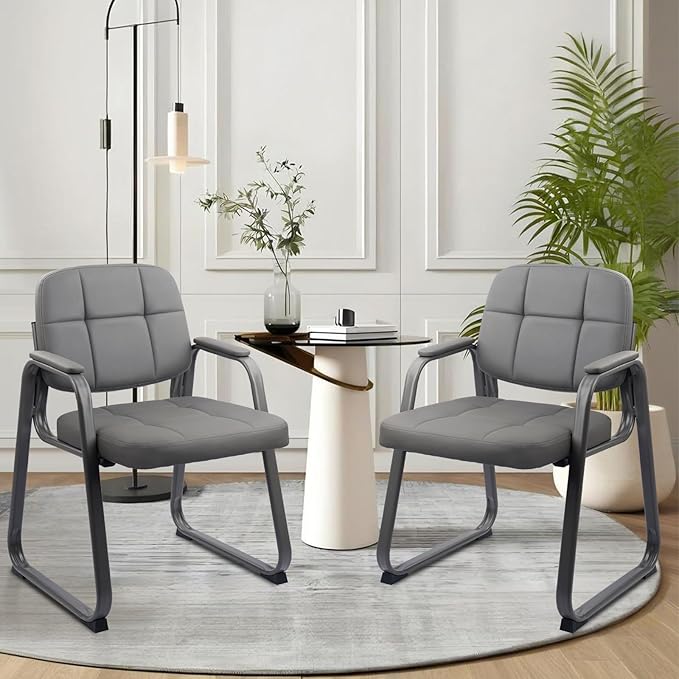CLATINA Waiting Room Chairs with Padded Arms Leather Guest Chair no Wheels for Office Reception and Conference Desk with Sled Base Grey, 4PK
