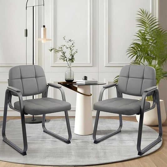 CLATINA Waiting Room Chair | Leather Guest Chair with Padded Arms no Wheels for Office Reception Conference Desk with Sled Base Grey, 1PK
