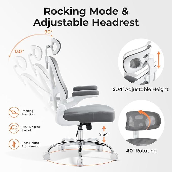 Office Chair Ergonomic Office Chair with Lumbar Support, Head Support, Rocking Function, Flip-up Armrests, Mesh High Back Chair Home Office Desk Chair, Suitable for Home Office, Grey, 1 Pk