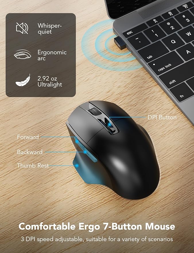 SABLUTE Wireless Keyboard and Mouse Combo – Ergonomic Wave Key, Built-in Leather Soft Palm Rest, 2.4G Full Size, 6-Button Mouse with 4-Level DPI, Dual USB-A/USB-C, MA12 for Windows & macOS Compatible