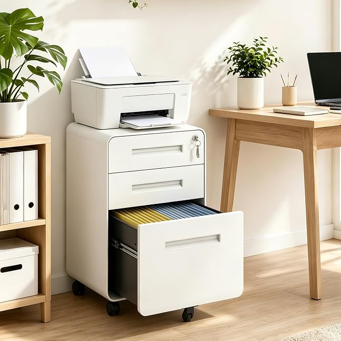 SAWJEC 3 Drawer File Cabinet with Lock, Rolling Under Desk Printer Stand, 23" H x 18" D x 16" W, Fully Assembled for Legal/Letter, White