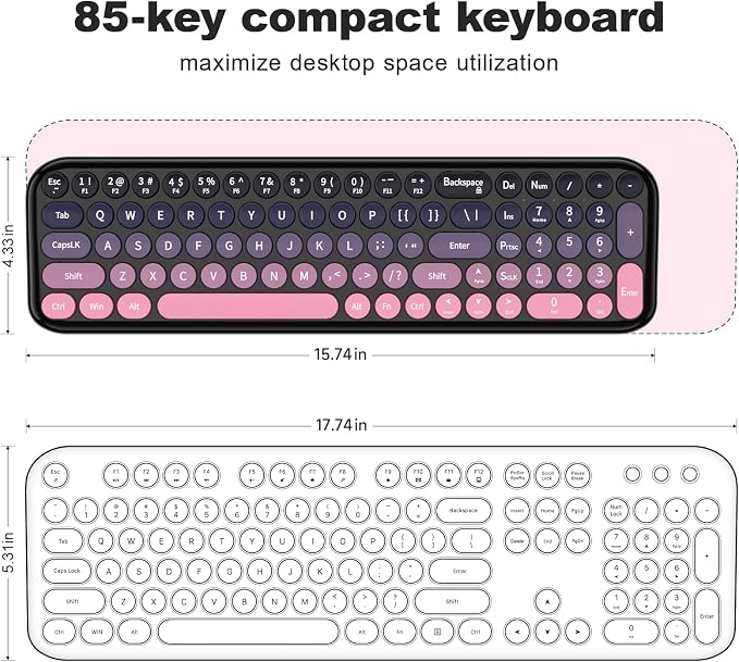 Wireless Keyboard and Mouse Combo, MOWUX Compact Typewriter Retro Round Computer Keyboard, Cute Optical Mouse Wireless, Plug and Play, for Laptop, PC, Computer- Plum Pink Gradient