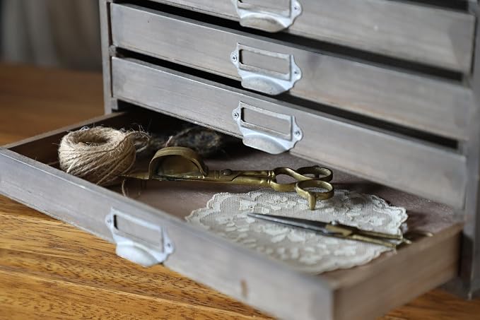 Vintage Wooden Desk Organizer Cabinet with 6 Drawers - Rustic Farmhouse Distressed Decor - Home Office Desktop Storage Box for Jewelry, Craft Paper, Small Tool & More (Log Color)