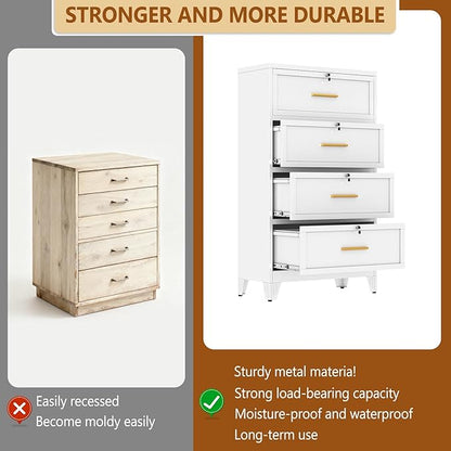 Metal Lateral File Cabinet with Lock,4 Drawer Steel Wide Filing Organization Storage Cabinets for Legal/Letter/A4/F4 Size with Hanging Files&Key,Lockable Printer Stand for Home Office, White