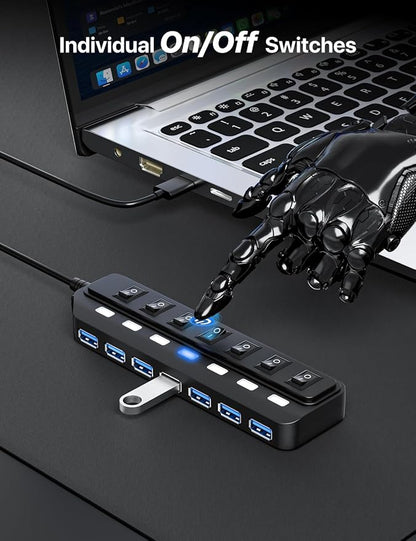 WIRWTRU USB Hub 7 Port,USB 3.0 Hub Splitter for Office,Home,School | Individual On/Off LED Switches, USB Hub for PC, 5Gbps HighSpeed Data for Laptop, Mac, PC, Desktop, PS5, Xbox