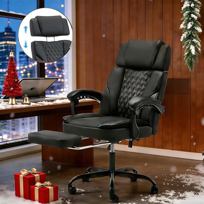 ECOTOUGE Executive Office Chair, Ergonomic Big and Tall Desk Chair with Adjustable Headrest,High PU Leather Comfy Heavy Duty Computer Chair with Foot Rest, Black