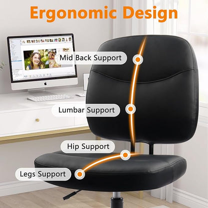 CLATINA Armless Home Office Chair,Small PU Leather Ergonomic Low Back Desk Chair with Lumbar Support and Wheels, Adjustable Height 360° Swivel Rolling Computer Task Chair, Black, 2 Pack