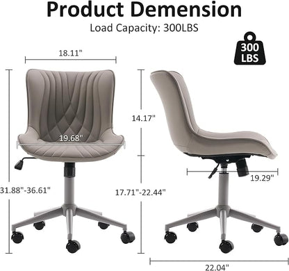YOUTASTE Grey Armless Office Chair, Modern Adjustable Swivel Desk Chair with Wheels, Upholstered PU Leather, Gray Metal Legs, Back Support for Home Office, Study, Vanity, Bedroom