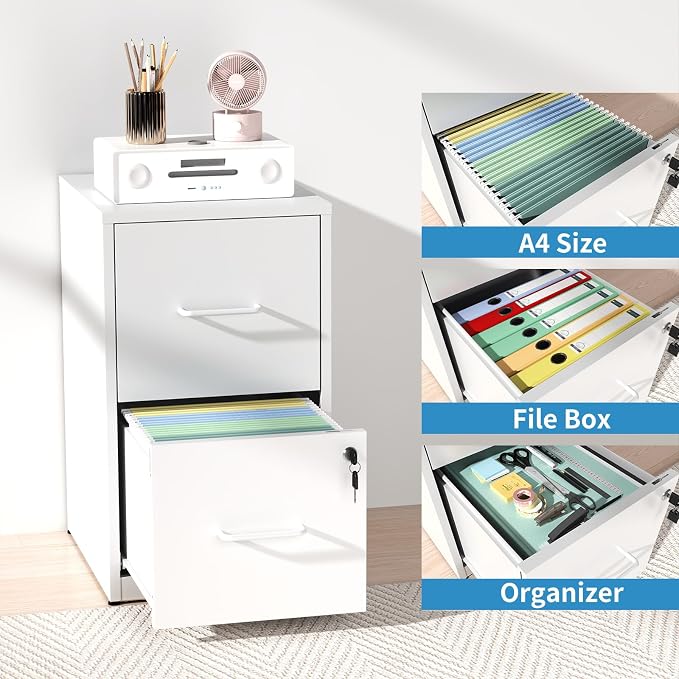 2 Drawer File Cabinet with Lock, Metal Vertical File Cabinets for Home Office, Office Furniture for Organization Hanging Legal/Letter/A4, Office File Cabinet Storage Cabinet, Require Assembly, White