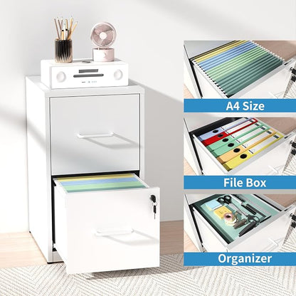 2 Drawer File Cabinet with Lock, Metal Vertical File Cabinets for Home Office, Office Furniture for Organization Hanging Legal/Letter/A4, Office File Cabinet Storage Cabinet, Require Assembly, White