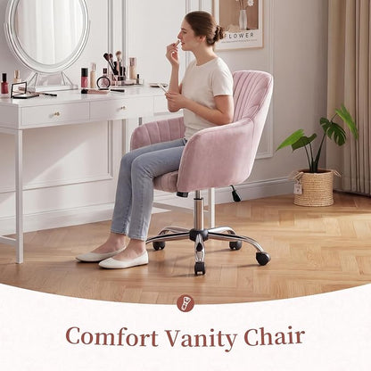 Warmiehomy Velvet Vanity Chair with Back, Desk Chair for Home Office, Comfy Cute Makeup Chair with Arm Rest for Bedroom, Office Furniture, Blush Pink