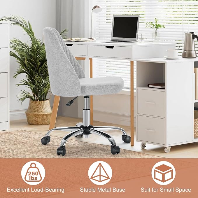 Sweetcrispy Armless Vanity Chair, Cute Comfy Home Office Desk Chair with Wheels, Modern Upholstered Task Computer Seat for Bedroom, Study, Makeup Vanity, Height Adjustable & Swivel, Classic Gray