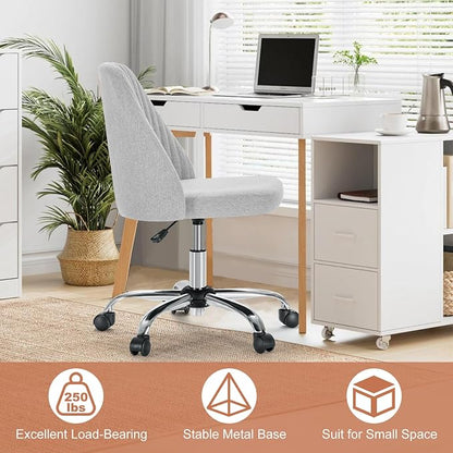 Sweetcrispy Armless Vanity Chair, Cute Comfy Home Office Desk Chair with Wheels, Modern Upholstered Task Computer Seat for Bedroom, Study, Makeup Vanity, Height Adjustable & Swivel, Classic Gray