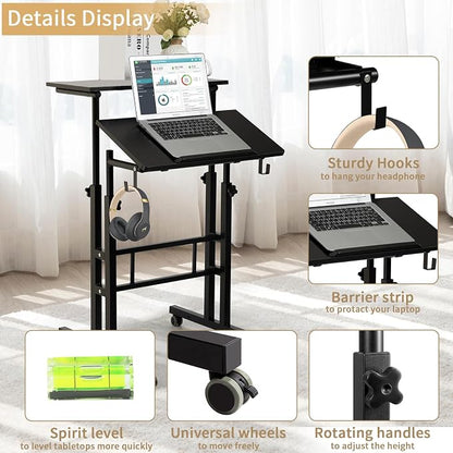 SIDUCAL Mobile Standing Desk, Portable Stand Up, Small Adjustable Converter with Wheels Home Office Workstation, Rolling Desk Laptop Cart for Standing or Sitting, Black