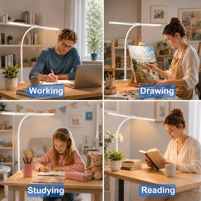LED Desk Lamp for Home Office, Eye-Care Architect Light with Clamp, Double Head Computer Monitor Table Light with 3 Color Modes 10 Brightness, Adjustable for Reading, Study, Drafting, Workbench, White