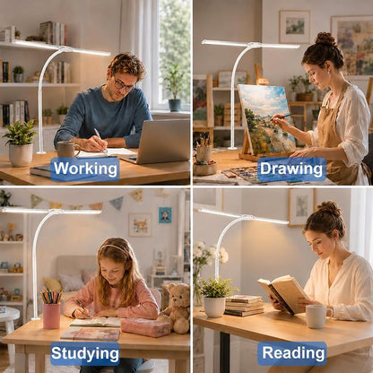 LED Desk Lamp for Home Office, Eye-Care Architect Light with Clamp, Double Head Computer Monitor Table Light with 3 Color Modes 10 Brightness, Adjustable for Reading, Study, Drafting, Workbench, White