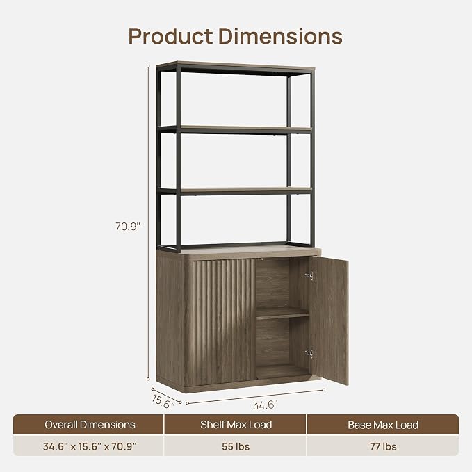 SICOTAS Book Shelf Fluted Bookshelf 71" Tall Bookcase with Doors Storage 5 Tier Mid Century Modern Bookshelves Large Shelves Metal Book Cases for Living Room Office Kitchen Library