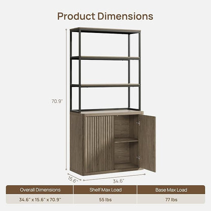 SICOTAS Book Shelf Fluted Bookshelf 71" Tall Bookcase with Doors Storage 5 Tier Mid Century Modern Bookshelves Large Shelves Metal Book Cases for Living Room Office Kitchen Library
