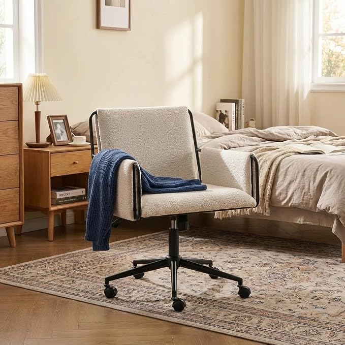 YOUNIKE Wide Seat Home Office Chair with Arms Modern Desk Chair with Wheels Fabric Vanity Chairs with Comfy Back Cross Legs Adjustable Swivel Rolling Computer Task Chair for Study Bedroom Makeup Beige
